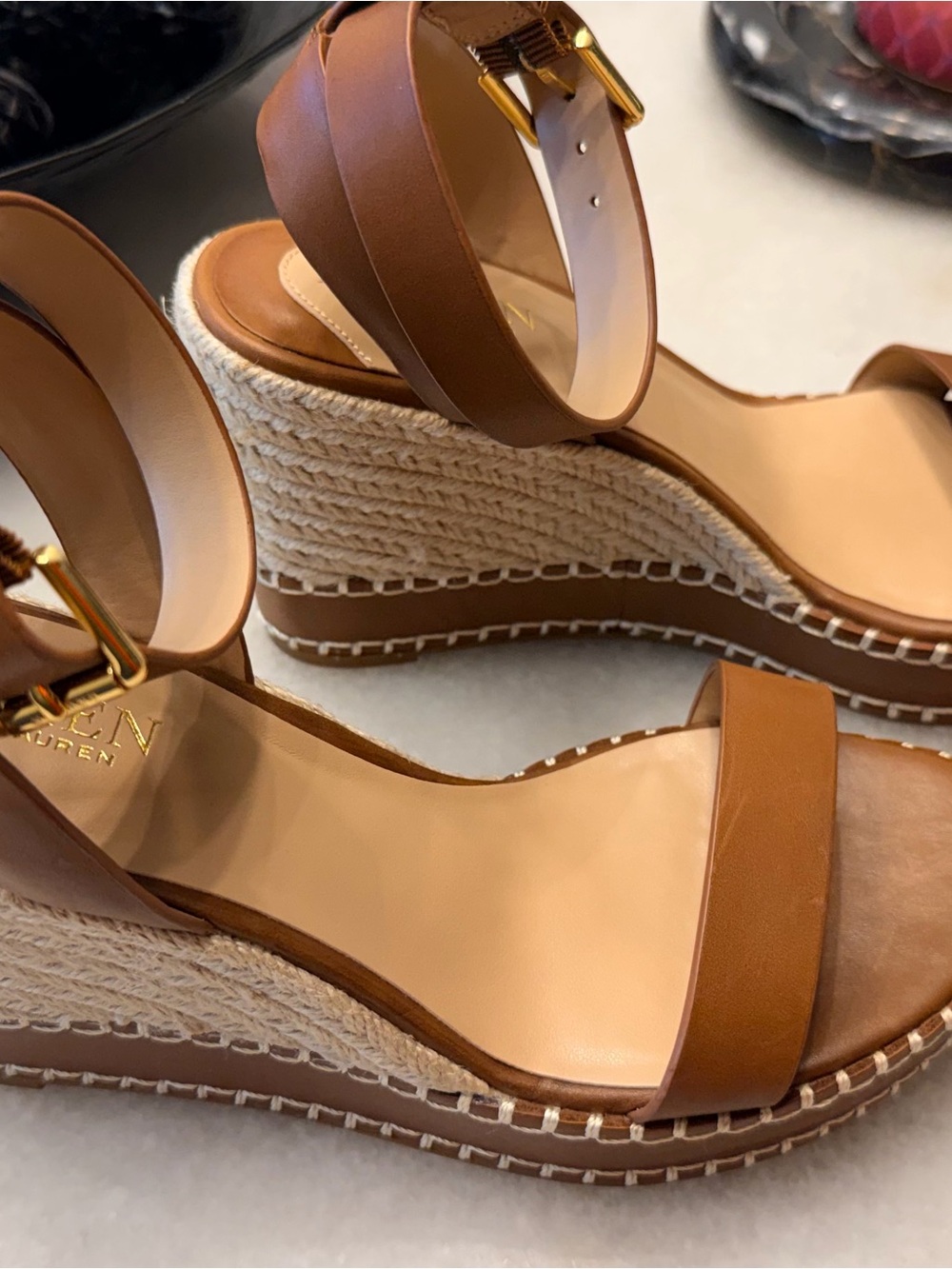 Lauren Ralph Lauren Tan Leather Wedge Espadrille Sandals